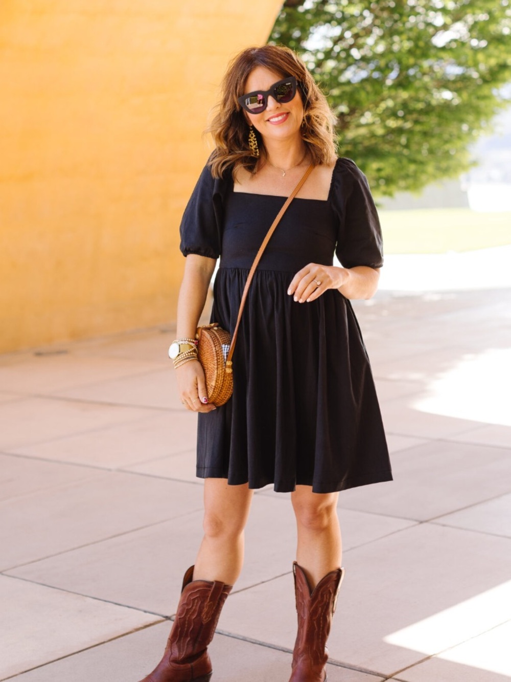 Jillian Harris Sunrise Mini Dress, Smash + Tess, Black Puff Sleeve Square Neck